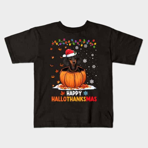 Dachshund On Pumpkin Happy Hallothanksmas Kids T-Shirt by Magazine